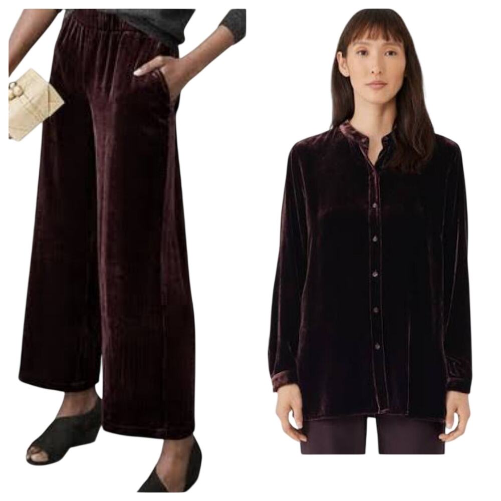 Eileen Fisher Womens Velvet Set Silk Blend Quiet Luxury Wide Leg Pants Small